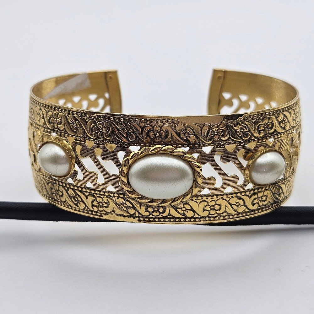 Vintage Solid Copper Filigree Cuff Bracelet‎ Faux Pearl Floral Ornate